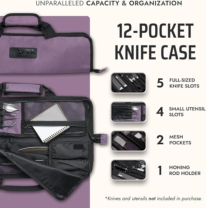 Asaya Chef Knife Roll Bag - 12 Pockets for Knives and Kitchen Utensils - Lightweight, Durable, and Stain Resistant Nylon - Perfect for the Traveling Chef - Knives not Included (Purple)