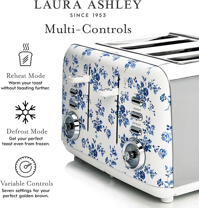 VQ Laura Ashley China Rose Stainless Steel 4 Slice Toaster | Multi-Functional Bagels & Bread Toaster 4 Slice with Adjustable Heating & Defrost Mode | Featuring 4 Wide Slots & Croissant Warming Rack