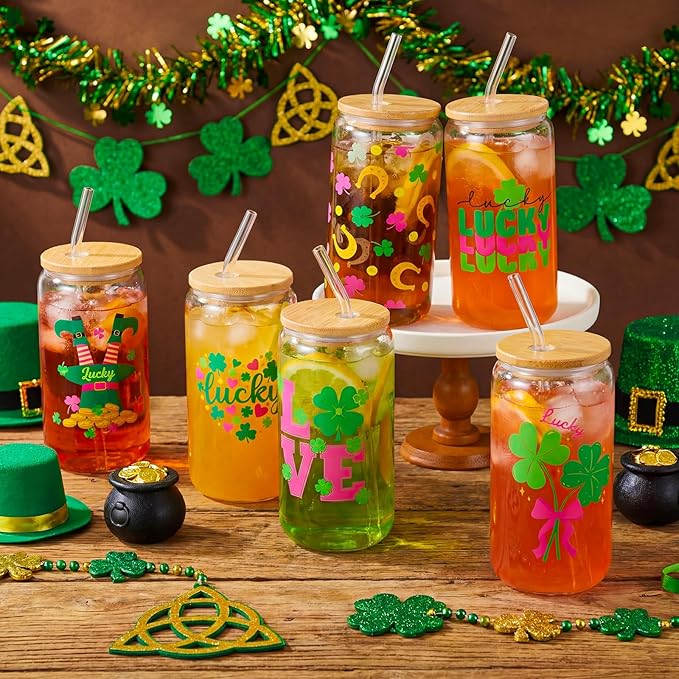 6 Pcs St Patrick's Day Glass Cups Shamrock Tumbler with Lids and Straws 16 oz Irish Lucky Clover Reusable Can Shaped Drinking Glasses Bulk for St Patrick's Day Party Supplies