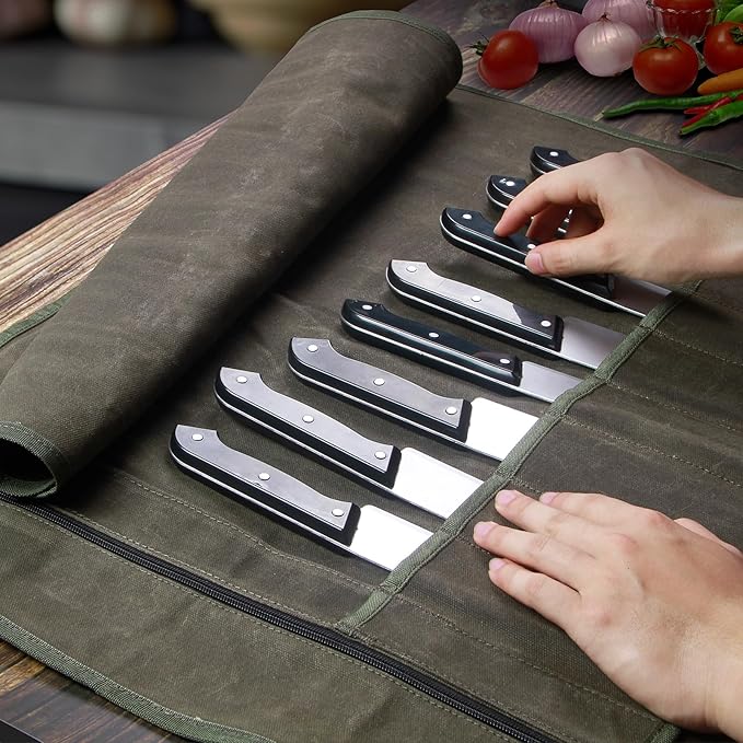 Chef Knife Roll Bag,Waxed Canvas Knife Travel Case,Heavy Duty Professional Knife Carrier Storage Holder with 10 Slots,Portable Kitchen Culinary Tool Organizer for Men,Fits up to 18.8”Knives Army Green