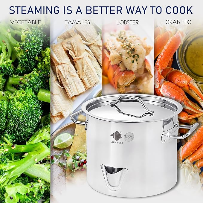 ARC 20QT Stainless Steel Tamale Steamer Pot w/Easy-fill Water Spout, Seafood Crab Steam with Divider and Steamer Rack, 5 Gallon