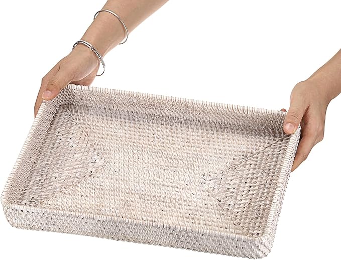 Hipiwe Rattan Serving Tray Whitewash Decorative Woven Trays for Organizing Bread Fruit Basket Rectangular Desktop Organizer for Kitchen Bathroom, 14.8" x 9" x 1.8"