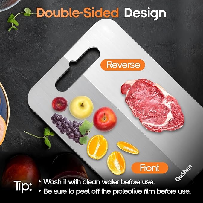 QuShen Titanium Cutting Board - 100% Pure Titanium Double Sided Chopping Board for Kitchen, Dishwasher Safe, Easy to Clean (18"L x 12"W)