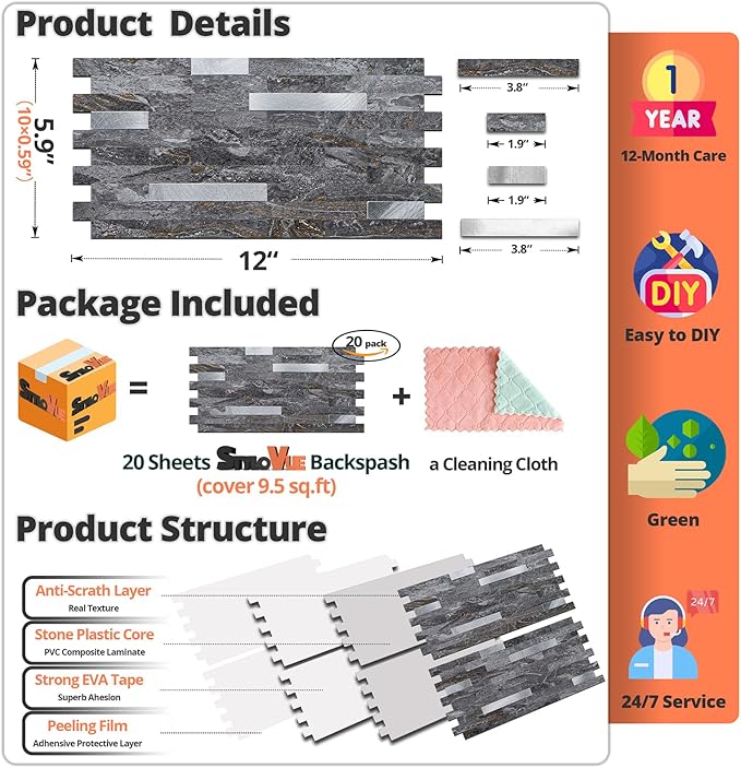 20 Sheets Peel and Stick Backsplash for Kitchen, Gray-Gold Stone with Metal Silver Look Stick on Tile Upgrade Your Kitchen Backsplash, RV, Fireplace