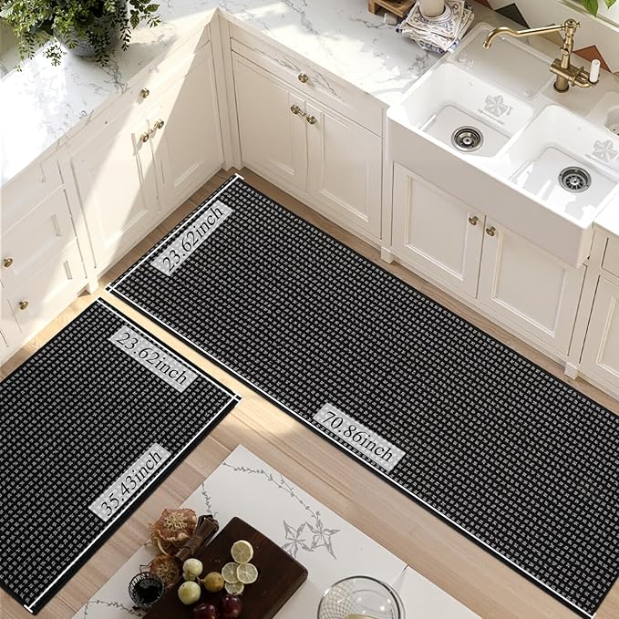 Kitchen Rugs,Non Slip Kitchen Mats for Floor-Thick Stain Resistant Kitchen Floor Mat Runner Carpet for Hallways Entryway Laundry Room Washable(24"x35"+24"x71",Black)