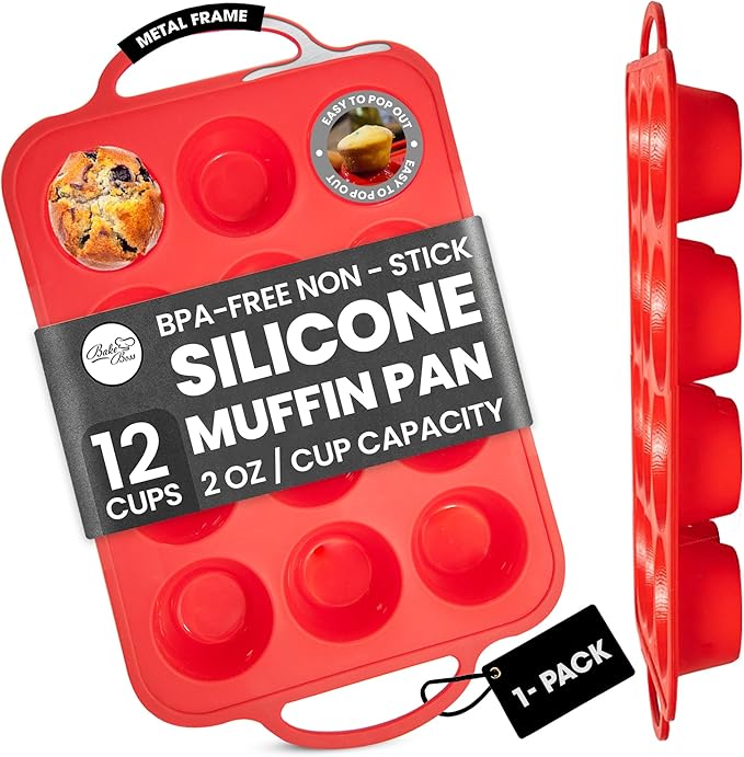 BAKE BOSS 12-Cup Silicone Mini Muffin Pans for Baking with Metal Handles – Nonstick Silicone Cupcake Molds For Baking, Eggs & Cupcakes – BPA-Free, Dishwasher Safe, Red