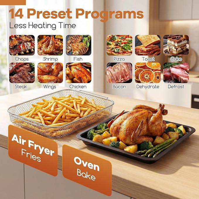 ARLIME 14-in-1 Air Fryer Toaster Oven Combo, 1700W Stainless Steel Countertop Convection Oven with Bake, Rotisserie, Dehydrate & Defrost Functions, 26 QT Large Capacity, 60-Minute Timer & Accessories