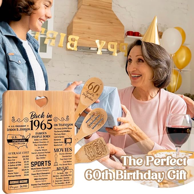 60th Birthday Gifts for Her Him - "Back in 1965" 60th Birthday Gifts for Women Cutting Board, Bamboo-Made Engraved "Year 1965 News" 60th Birthday Gifts