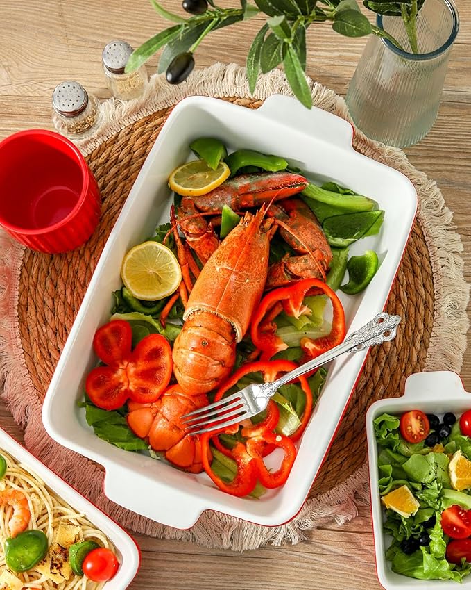 Hasense Ceramic Baking Dishes, Casserole Dishes for Oven, Rectangular Lasagna Pans Deep, 9 x 13 Inches Baking Pan with Handle, Easy to Clean, Mother's Day & Christmas Gift, Red
