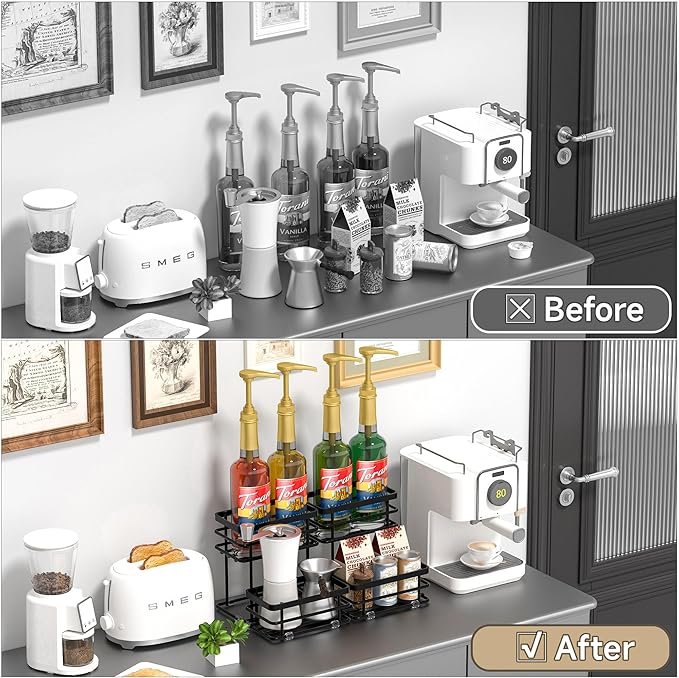 Coffee Syrup Rack Organizer, Syrup Bottle Holder Stand for Coffee Bar, 2-Tier 4 Bottles Storage Shelves for Syrup, Wine, Dressing for Kitchen Countertop (4 Bottles Black)