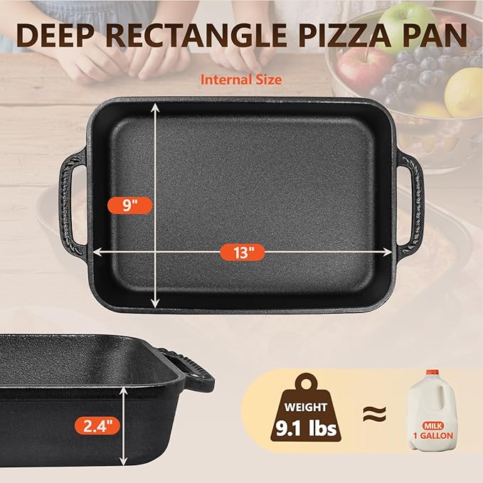 Lvmol Cast Iron Detroit Pizza Pan - 9x13 Inch Pre-Seasoned Deep Baking Dish for Casserole, Focaccia, Lasagna