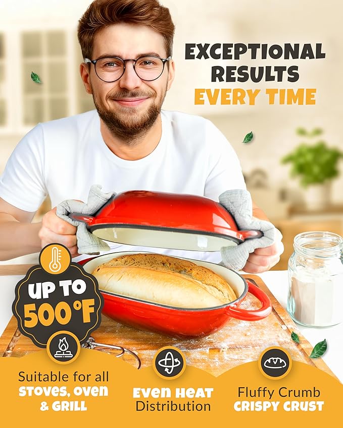 CRUSTLOVE Loaf Pan for Bread Baking - incl. Sourdough Bread-Baking Supplies like Banneton Bread-Proofing Basket - 2QT Enameled Oval Cast Iron Dutch Oven, Bread-Oven, Sour Dough Bread-Banking-Pan Tools
