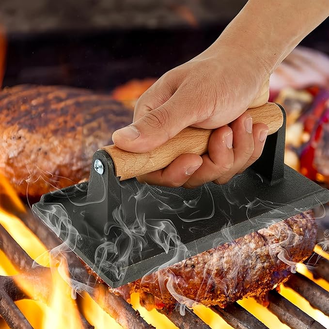 Cast Iron Grill & Bacon Press, Family-Sized Rectangle Smash Burger Press with Wood Handle, 2.4LB Heavy Duty Weight for Indoor/Outdoor Cooking, Creates Perfect Grill Marks Every Time