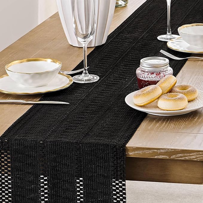 ZeeMart Macrame Style Boho Table Runner, Black Table Runners 48 Inches Long, Farmhouse Woven Home Decor, 12x48 Inch, Black