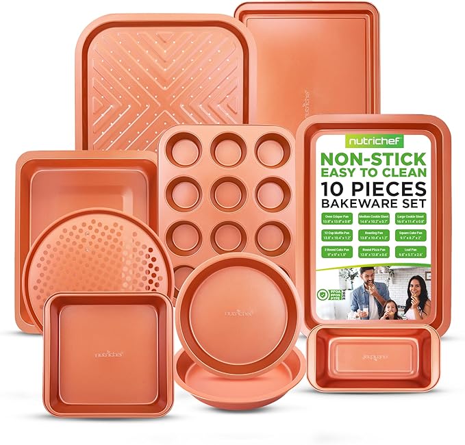 NutriChef 10-Piece Oven Baking Pans Set - Deluxe Carbon Steel Bakeware Set with Non-stick Gray Coating Inside and Out, Dishwasher Safe & PFOA, PFOS, PTFE Free