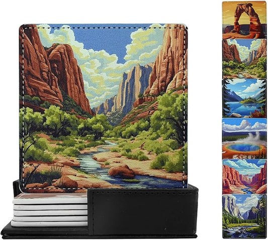 National Parks Coasters Square Leather Drinks Coaster Set with Holder for Coffee Table Bar Home Decor 4 Inches Set of 6