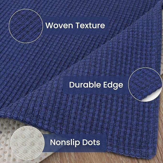 IOHOUZE Washable Runner Rug 2.6x10 Non Slip Rubber Backed Long Hallway Runner Entryway Runner Indoor, Kitchen Rugs Woven Cotton Floor Carpet for Hall Entrance, Royal Blue/Navy