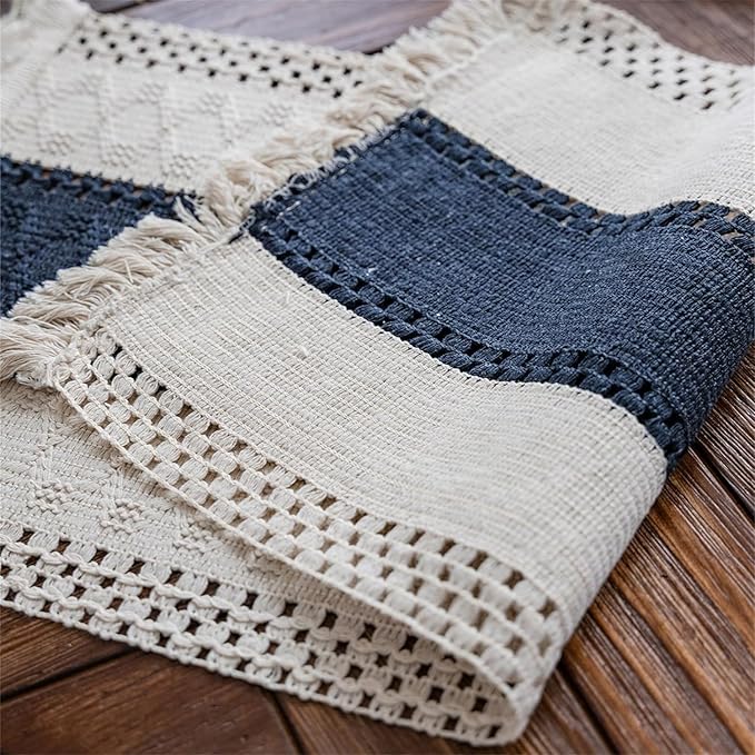 Alynsehom Macrame Table Runner Cream Beige and Blue Boho Table Runners with Tassels Hand Woven Cotton Table Runner Rustic Farmhouse Table Runners for Bohemian Kitchen Dining Table(12x71in)