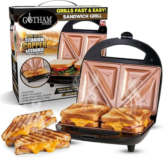 Gotham Steel Nonstick Panini Press Sandwich Maker, 2in1 Breakfast Sandwich Maker Grill / Sandwich Press Grill with Indicator Light, Grilled Cheese Maker Makes 2 Sandwiches with Easy Cut Edges