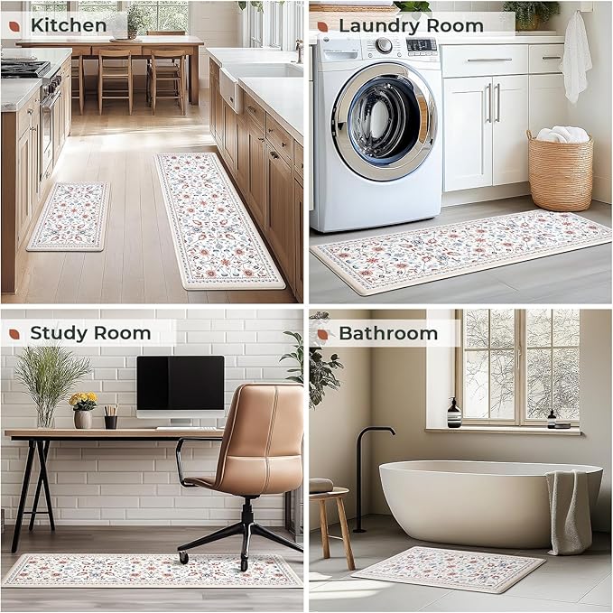 FRESHMINT Anti Fatigue Kitchen Mats for Floor 2 Piece Set, Waterproof & Non-Skid Vintage Floarl Kitchen Rugs, Cushioned Kitchen Mat for Standing Washable Comfort Desk Kitchen Runners, 17x30''+17x47''