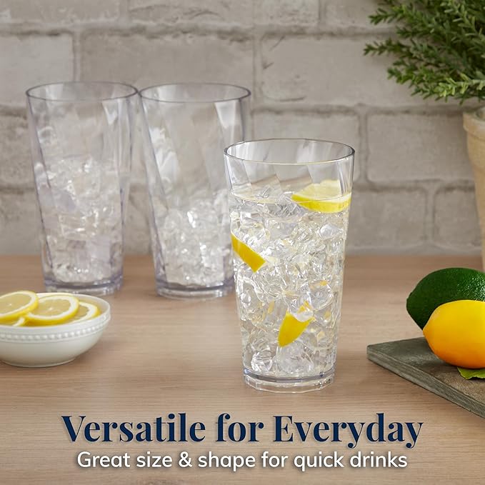 US Acrylic Optix Plastic Reusable Drinking Glasses (Set of 8) 20oz Water Cups in Clear | BPA-Free Tumblers, Made in USA | Top-Rack Dishwasher Safe