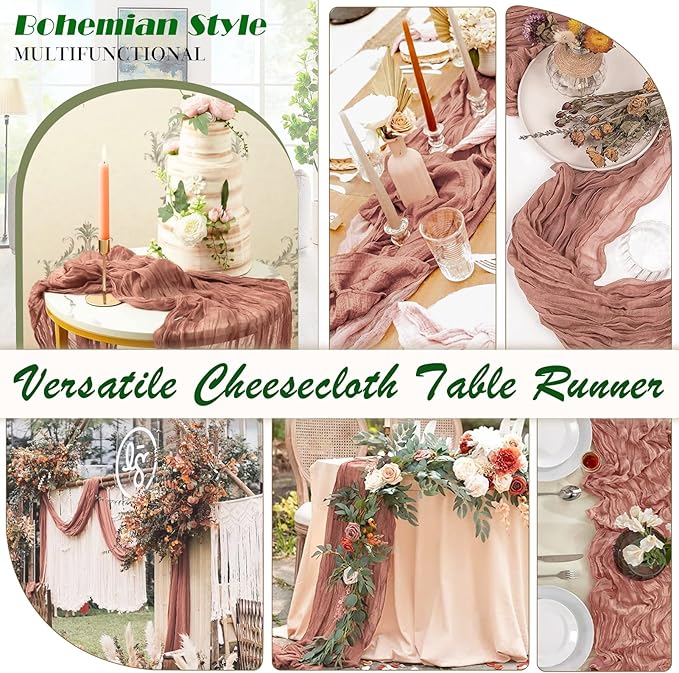 Dusty Rose Cheesecloth Table Runner 1 Pack 35" Boho Gauze 120 inches Long Runner Rustic Sheer Fabric Bulk for Baby Shower Wedding Bridal Birthday Party Table Decorations