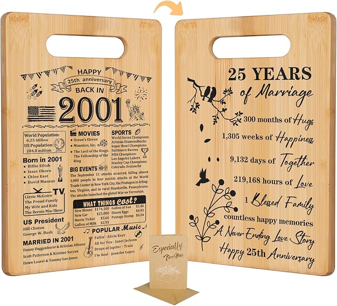 25th Wedding Anniversary for Women Men,Back In 2001&25 Years of Marriage Double sided Cutting Board Gift for Her Him,best 25 years anniversary Decorations for couple
