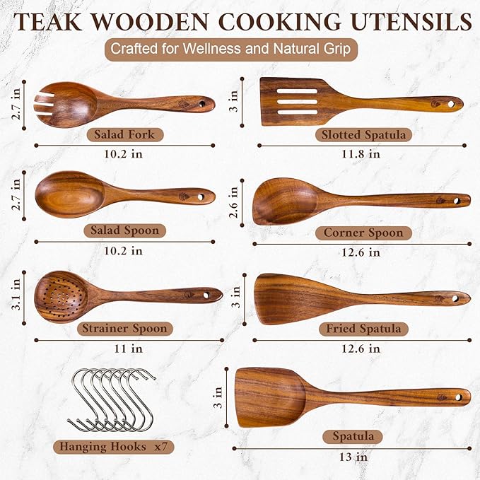 7 Piece Wooden Spoons for Cooking, Natural Teak Wooden Utensils Set, Handmade Wood Kitchen Utensil Set with Hooks, Durable Nonstick, Comfort Grip, Heat Resistant Wood Cookware Tool