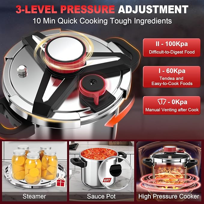 3-In-1 304 Stainless Steel Pressure Cooker 6.3 Quart: [Explosion-Proof] [3 PSI Settings], One-Hand Locking Pressure Canner, Induction Compatible, Glass Lid & Steamer Rack Included, Olla de Presion