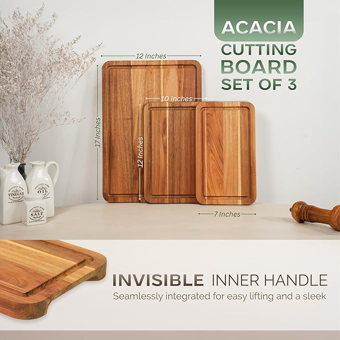 Howizz Acacia Wood Cutting Board, Set Of 3 Edge Grain Solid Wood Butcher Block For Kitchen Meal Prep & Serving, Chopping Boards Deep Juice Groove & Built-In Handles, Gift for Home, Gift-Ready Box