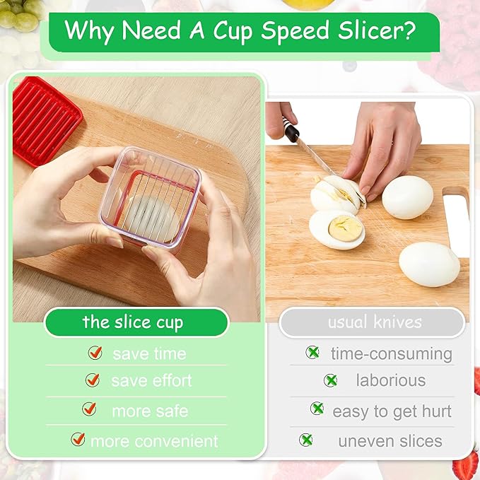 Cup Speed Slicer with Push Plate,Multifunctional Slicer Cup With Cleaning Brush*1,Egg Banana Strawberry Cutter,Portable Slicing Tool,Kitchen Gadget for Making Salad/Breakfast/Desserts, Red