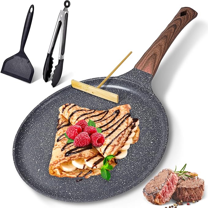 AOSION Crepe Pan 11 inch Nonstick Dosa Tawa Pan, Ceramic crepe pan,Tortilla Pan for Pancake Omelette Steak Frying Egg with Ergonmic Handle,For All Stoves