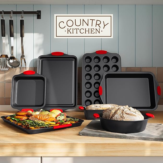 Country Kitchen Nonstick Stackable Bakeware Set - Heavy Duty, Durable, Easy Release Baking Set, Red, 10 Pcs