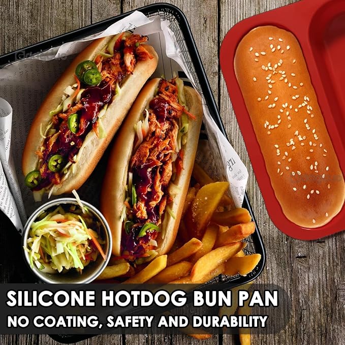 GDDGCUO Silicone Hotdog Bun Pan, 6 Inch Standard Hot dog Bun Mold, 4 Cup Non-stick Homemade Hotdog Bun Baking Pans, Mini Baguette Pans, Dishwasher Safe, 2 Pcs (Red)