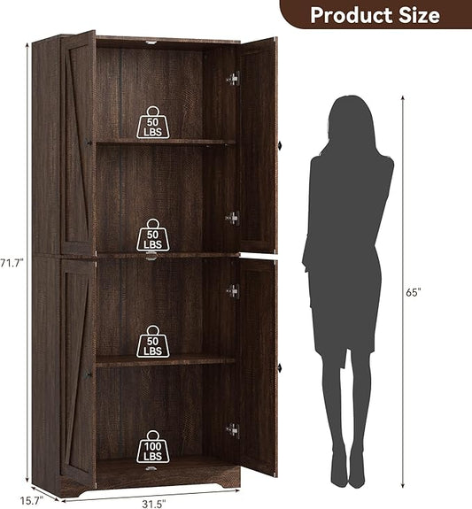 Kitchen Pantry Cabinet, 72” Tall Farmhouse Storage Cabinet with 4 Barn Doors and Adjustable Shelves, Pantry Storage for Kitchen, Living Room, Brown