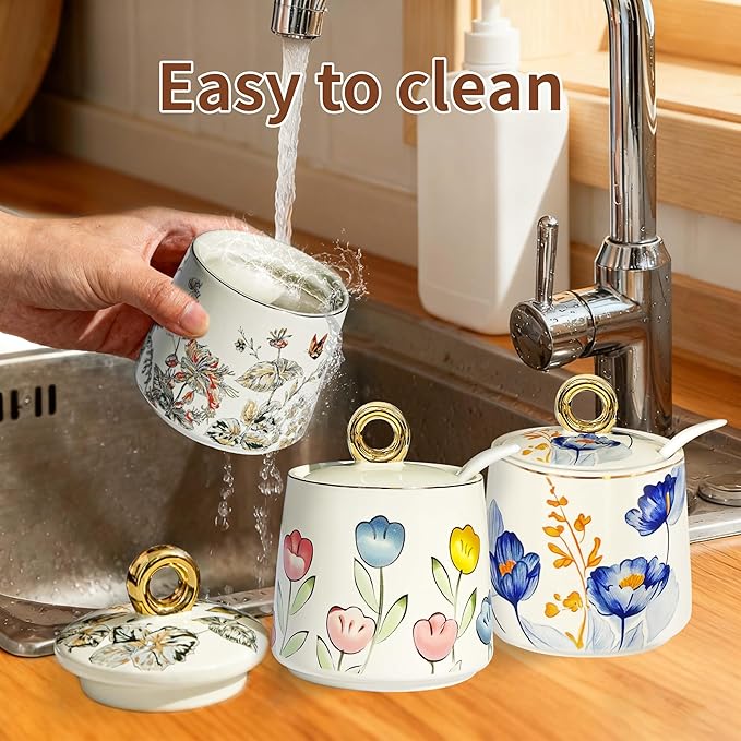 JUSONEY Ceramic Sugar Bowl with Lid and Spoon with Floral Pattern, Gold Trim - 7.5oz Elegant Sugar Jar with Lid and Spoon, Nordic Style for Kitchen, Dining, Cafe, Gift Idea (C)