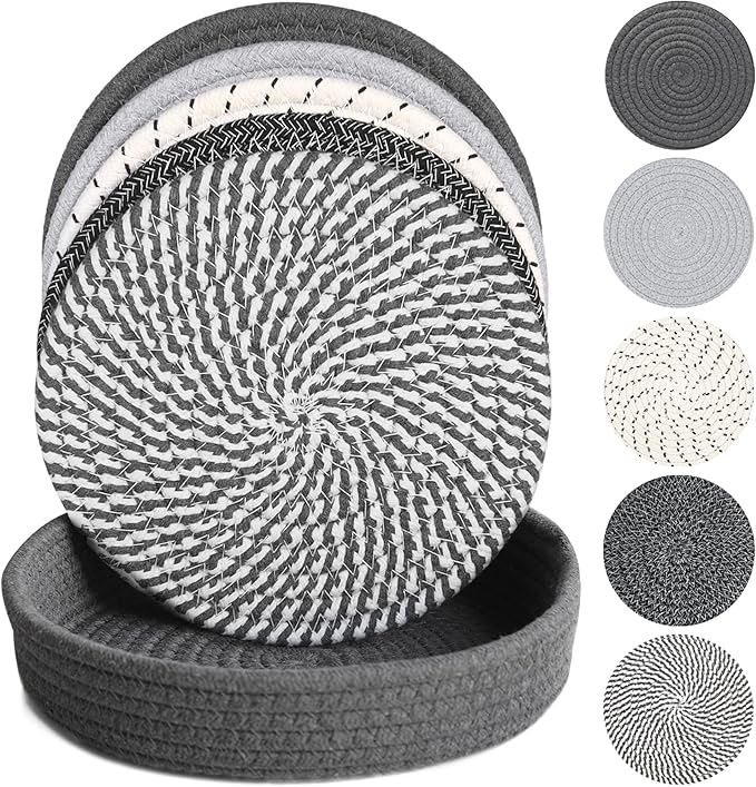 10 Inch Trivets for Hot Dishes, Hot Pots and Pans, Extra Large Thick Heat Resistant Large Coaster, Hot Pads, Kitchen Essentials, Pot Holders for Countertop with Storage Basket, 5 Pcs