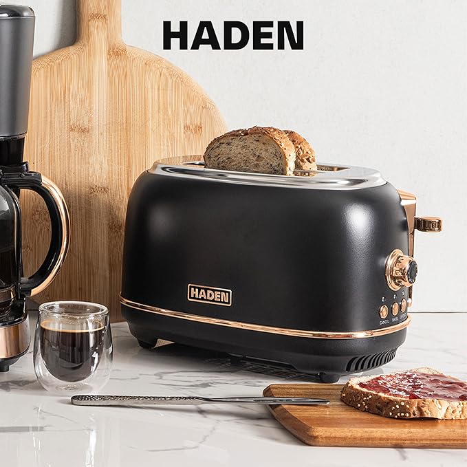 Haden Heritage 2 Slice Wide Slot Stainless Steel Toaster with Adjustable Browning Control & Non-Slip Feet, Black & Copper