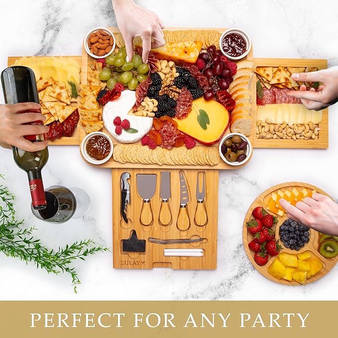 Zulay Charcuterie Board Set Extra Large - Great White Elephant Gift, Housewarming Gift for New Home, Bamboo Cheese Board - Charcuterie with Accessories, Wine and Cheese