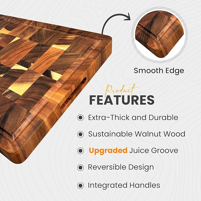 (1.7" Extra Thick & Large) 20"x15" American Black Walnut Wood End Grain Cutting Board for Kitchen with Juice Groove, Inner Handles, Heavy-Duty Butcher Block, Wooden Chopping Board, Charcuterie Boards
