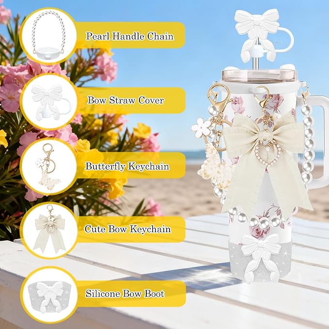 Accessories for Stanley Cup 30oz 40oz Tumbler, Cute Bow Straw Cover, Silicone Boot