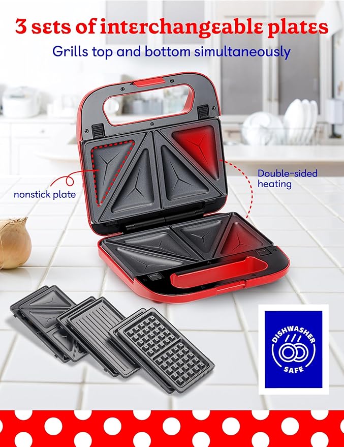 3-in-1 Indoor Grill, Sandwich/Panini Press & Waffle Maker Plus, Red