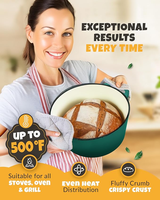 CRUSTLOVE Dutch Oven for Bread Baking - incl. Sourdough Bread-Baking Supplies like Banneton Bread-Proofing Basket - 5QT Enameled Cast Iron Bread-Oven with Lid, Baking Pan, Scoring Tool Lame