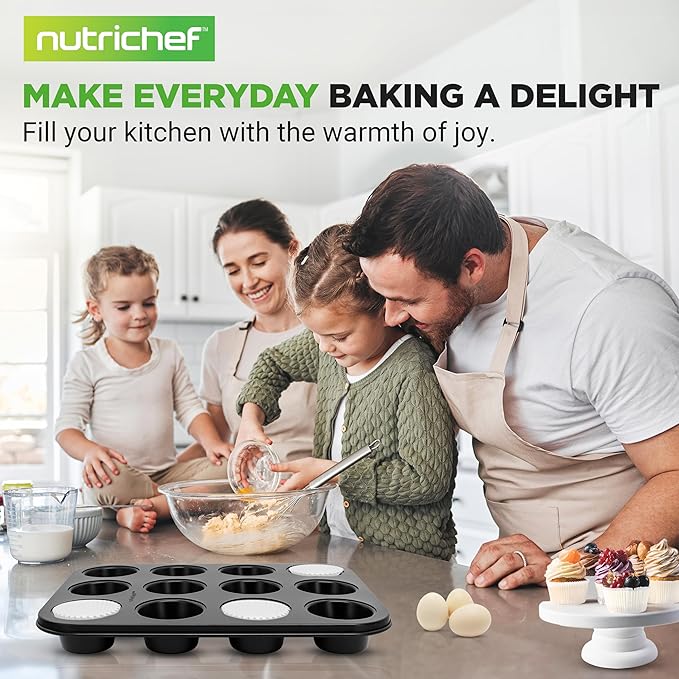 NutriChef Non-Stick 2-Piece 12 Cup Muffin Pans with 100 Parchment Cupcake Liners, Carbon Steel, Professional Grade Muffin Pans for Baking, Durable & Dishwasher Safe 13.7"x10.4"x1.1" Inch (Black)