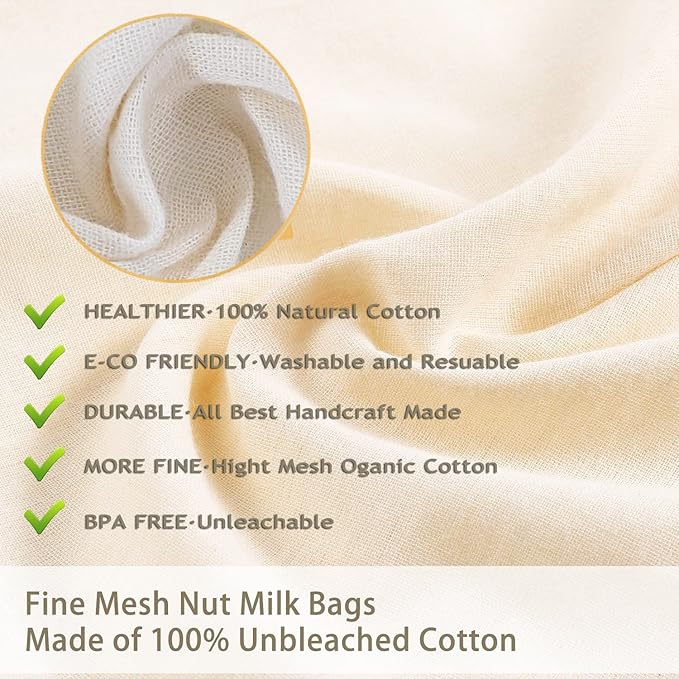Nut Milk Bag Cloth Strainer for Food, 3 Pack 12" (2 of 12"X12" + 1 of 10") Organic Reusable Kitchen Premium Fine Mesh Cheesecloth, Sprouting, Juicing