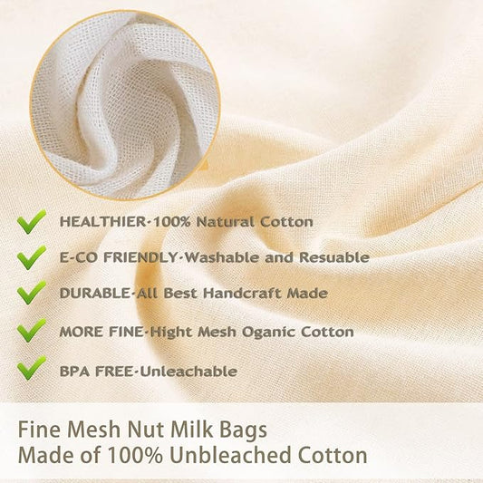 Nut Milk Bag Cloth Strainer for Food, 3 Pack 12" (2 of 12"X12" + 1 of 10") Organic Reusable Kitchen Premium Fine Mesh Cheesecloth, Sprouting, Juicing