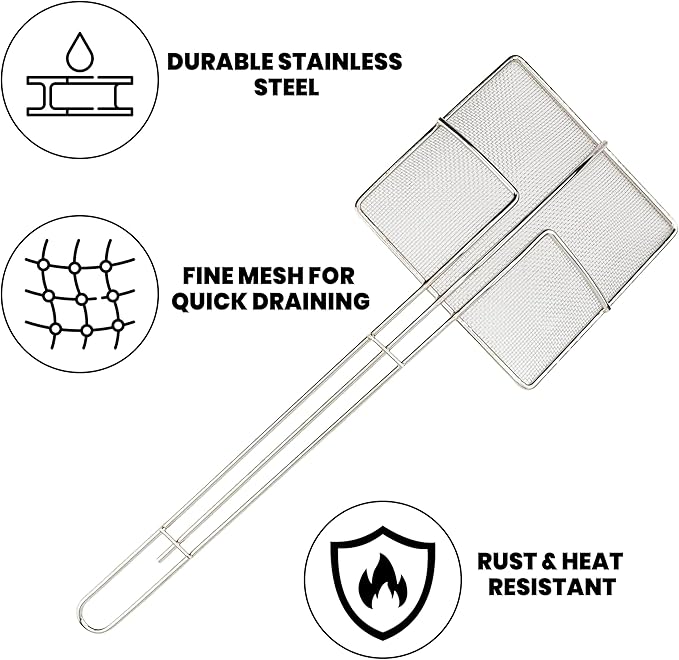 Square Mesh Skimmer | 6.5" Medium 20L | Stainless Steel Spider Cooking Oil Strainer with Long Handle for Kitchen | Deep Nickel Fryer Scoop for Professional Restaurant Use