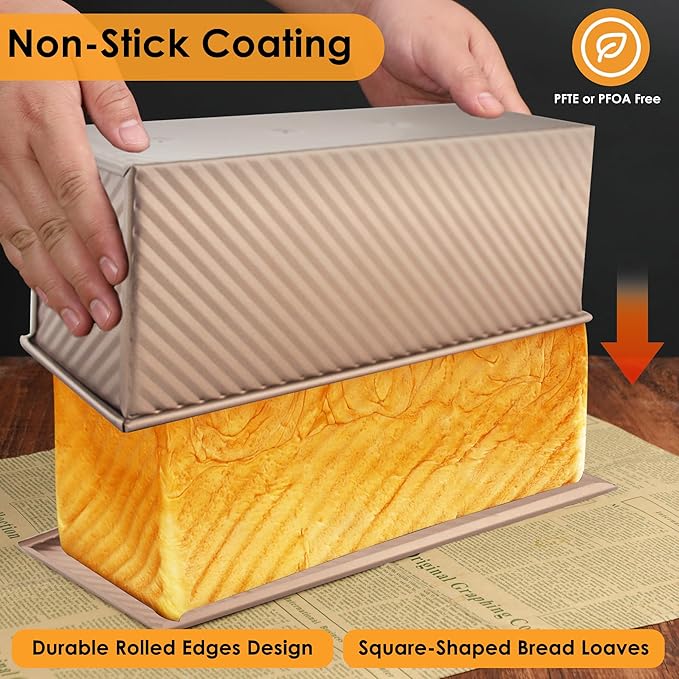 Spmarkt 2-pack 2.2lb Gold Pullman Loaf Pan with Lid, Premium Non-Stick Coating Bread Pan, PFTE and PFOA-Free, Safe and Healthy Baking for Homemade Bread with Family-sized Recipes