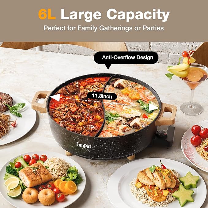 FunPot Electric Twin Compartment Hot Pot with Divider, Diamond grid embossed base, 1350W Temperature control, Large 6-Litre Capacity, Compact Woodgrain handles with Hollow Design