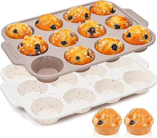 AOTASO 2 Pcs Silicone Muffin Pans for Baking with Metal Reinforced Frame, Nonstick Cupcake Tray for Oven, 12 Cups Regular Size Silicone Molds for Egg Bites, Dishwasher Safe (Brown, Cream)